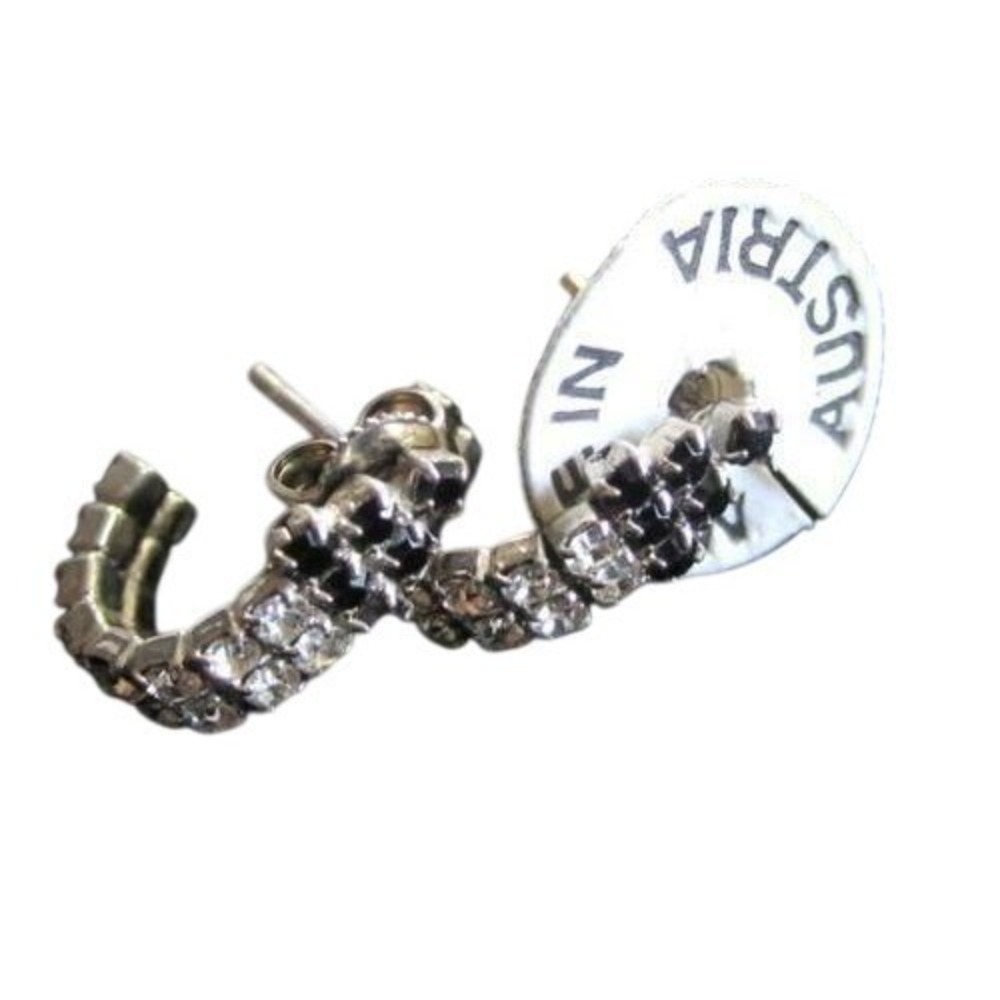 Made In Austria NOS Vintage Clear & Black Rhinestone‎ Arrow Silver Hoop Earrings
